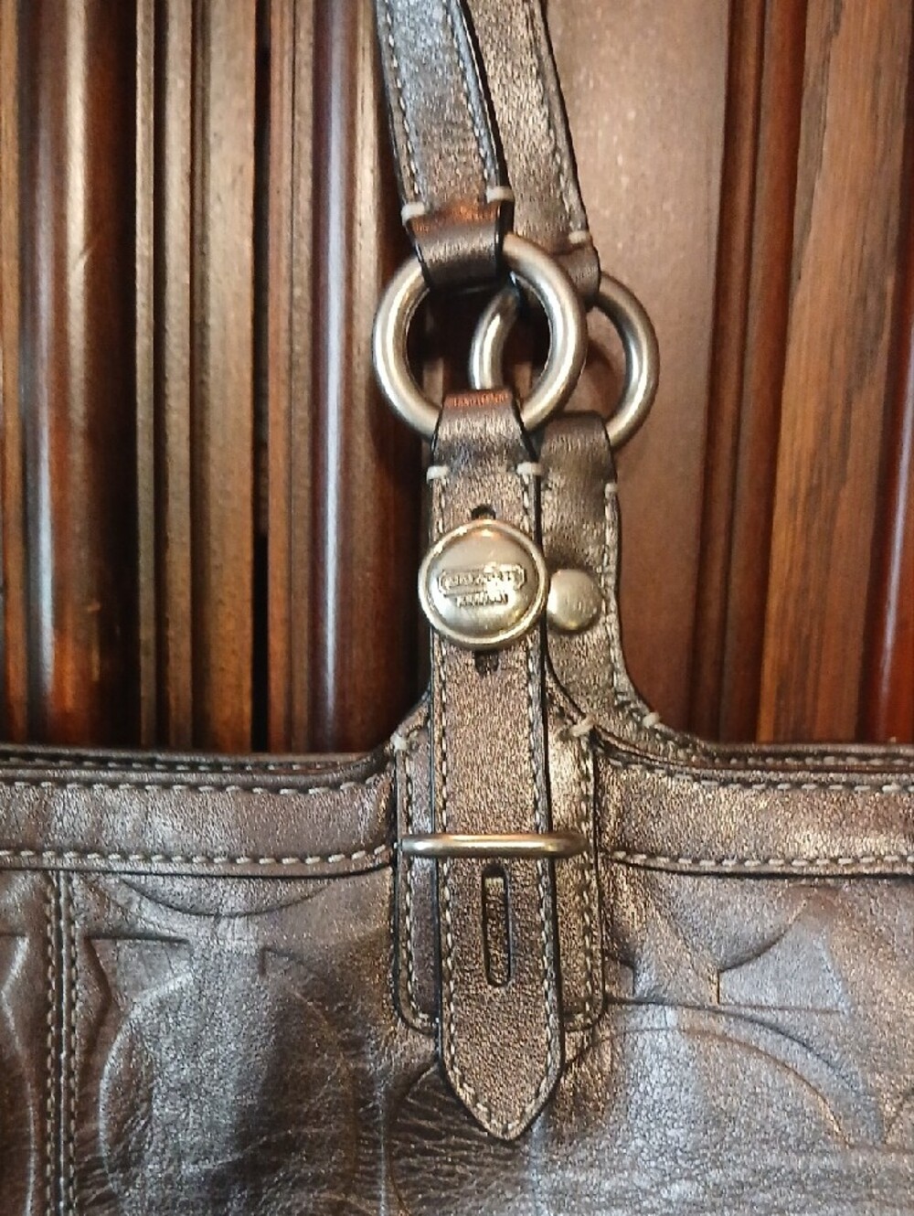 Coach Metallic Pewter Embossed Logo Shoulder Bag - Picture 4 of 6